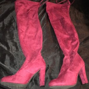 Red velvet knee-high boots